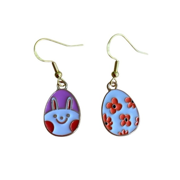 Asymmetrical Easter Egg Bunny and Floral Dangle Earrings - Picture 2 of 4